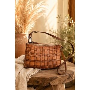 intage Italian Woven Leather Crossbody Bag Cognac Brown Boho Slouchy Purse
